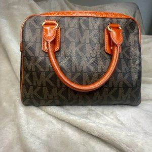 Brown Monogram Michael Kors Satchel with Orange Trim